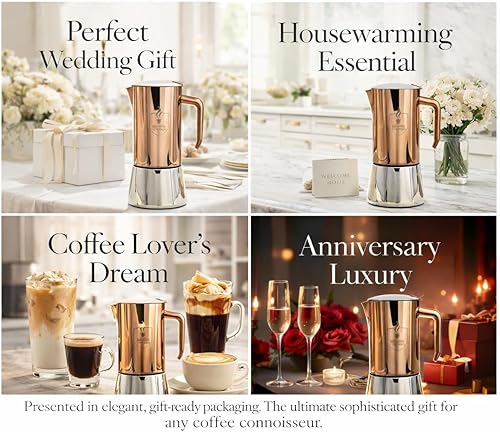 Miniatura 8 de FIAMMA & FERRO Máquina de café expreso para estufa, 12 tazas (20z), acero inoxidable de alta calidad con acabado PVD de cobre, compatible con