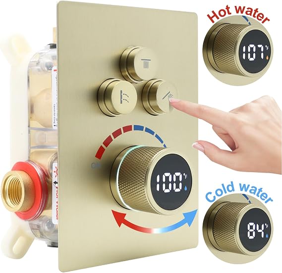 Digital Display Dual Head Shower system Rain Shower System Shower Wall Mount 10 Inch Ceiling Shower Head with 6 Inch Shower Head with shower handheld(Brushed Gold)