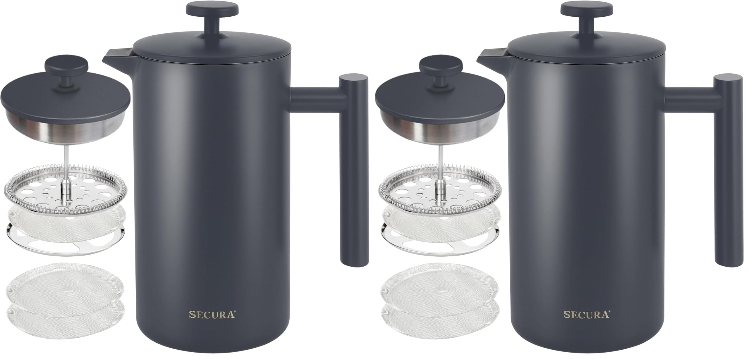 Secura French Press Coffee Maker, 304 Grade Stainless Steel Insulated Coffee Press with 2 Extra Screens, 34oz (1 Litre), Grey (Pack of 2)