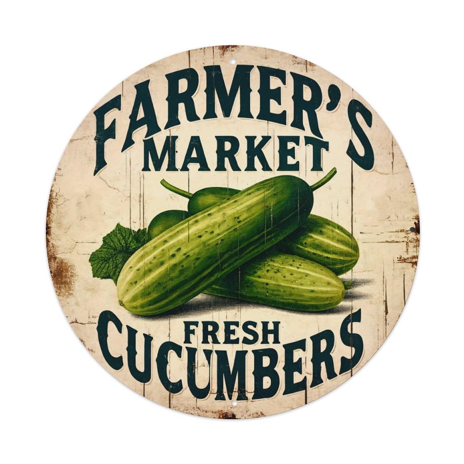 Jdyaojiesheng Vintage Farmer's Market Fresh Cucumbers Round Tin Sign Retro Metal Wall Decor Metal Poster, Home Bar Garage Farmhouse Cafe Wall Art Decoration 8X8inch