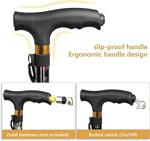 Miniatura 3 de JUNRA Bastón con luz LED, bastón para mujeres y hombres, plegable y plegable, bastón de equilibrio para mujeres mayores (flores negras)