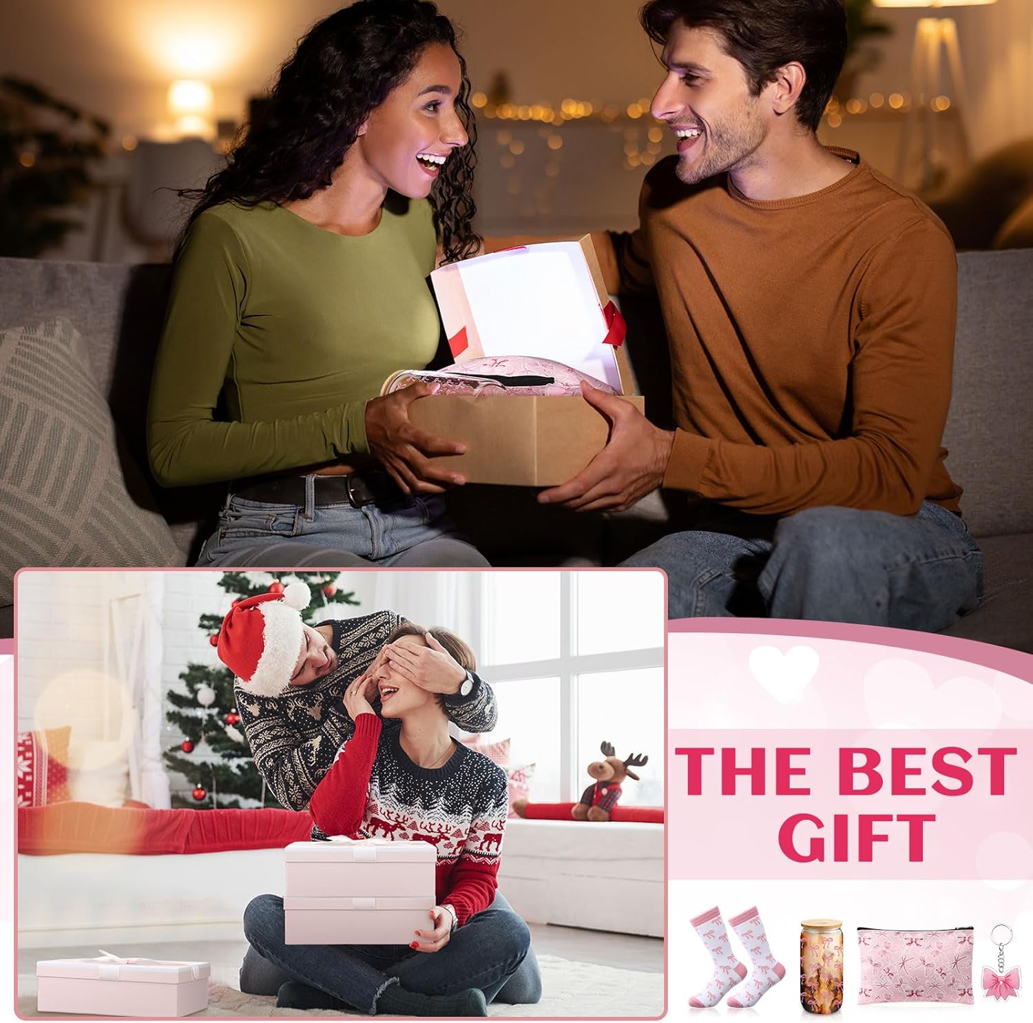 Boao 5 Pcs Pink Valentines Bow Gift Set with Bow Glass Cup, Socks, Cosmetic Bag Keychain Coquette Stuff Thank You Gift Box for Girls Women - Image 7