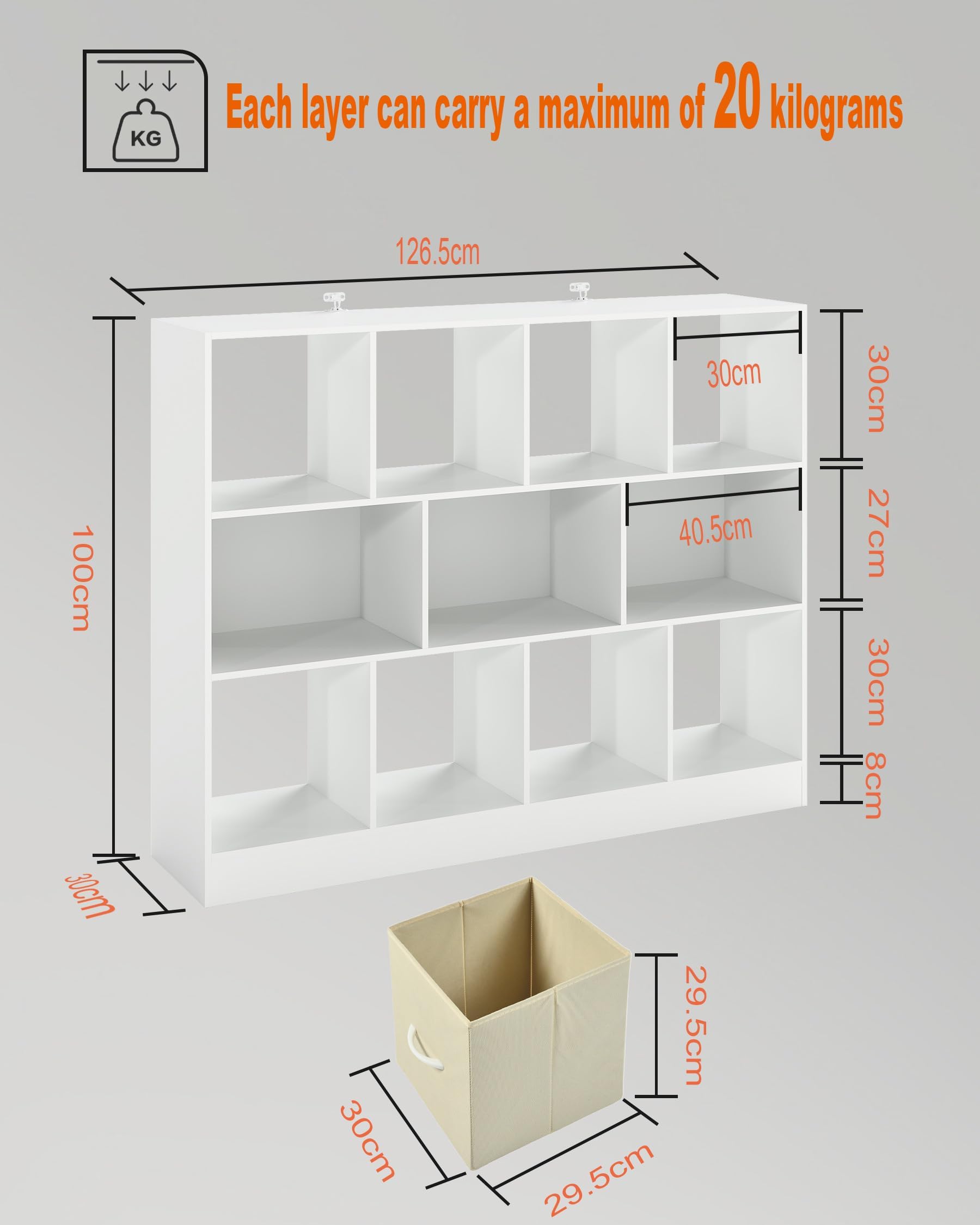 Montessori Bibliotheque Enfant Blanc avec Passe-Cable, Grand Meuble Rangement Jouet Enfant, Etagere de Chambre Separateur de Piece Anti-basculement,126x30x100cm