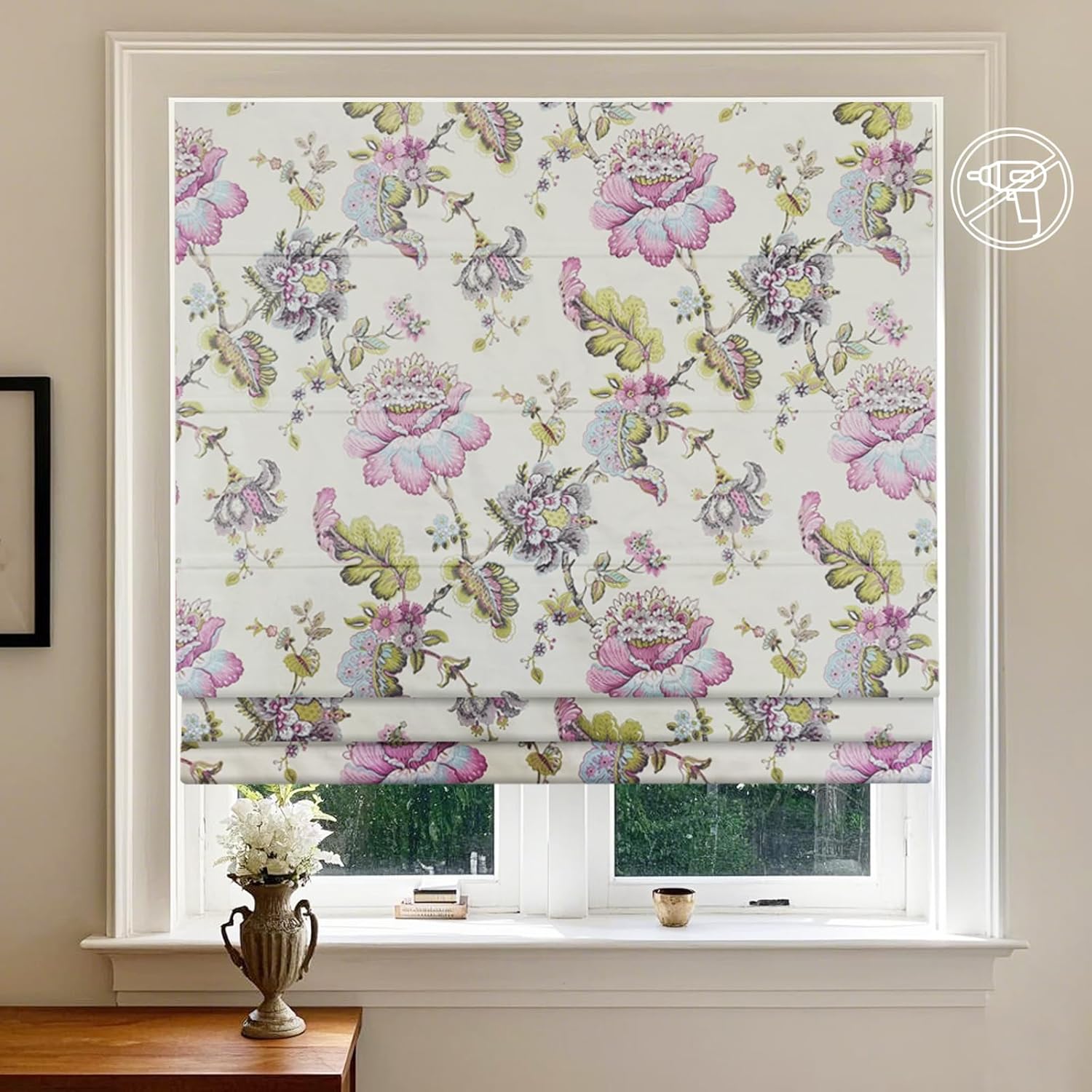 Cordless Filter Light Roman Shades Window Blinds, No Drill No Tools Window Roman Shade for Inside Mount Windows, Peony Flower