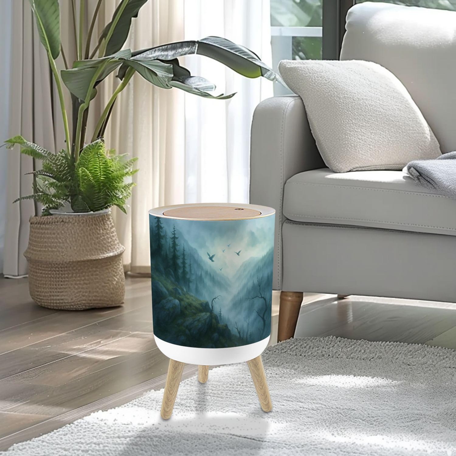 Small Trash Can with Lid Green Forest Woodland Nursery Room Pine Trees Mountains Fog Birds 1.8 Gallon/7L Garbage Can Waste Bin with Press Top Lid Legs Waste Basket for Bathroom Kitchen Bedroom