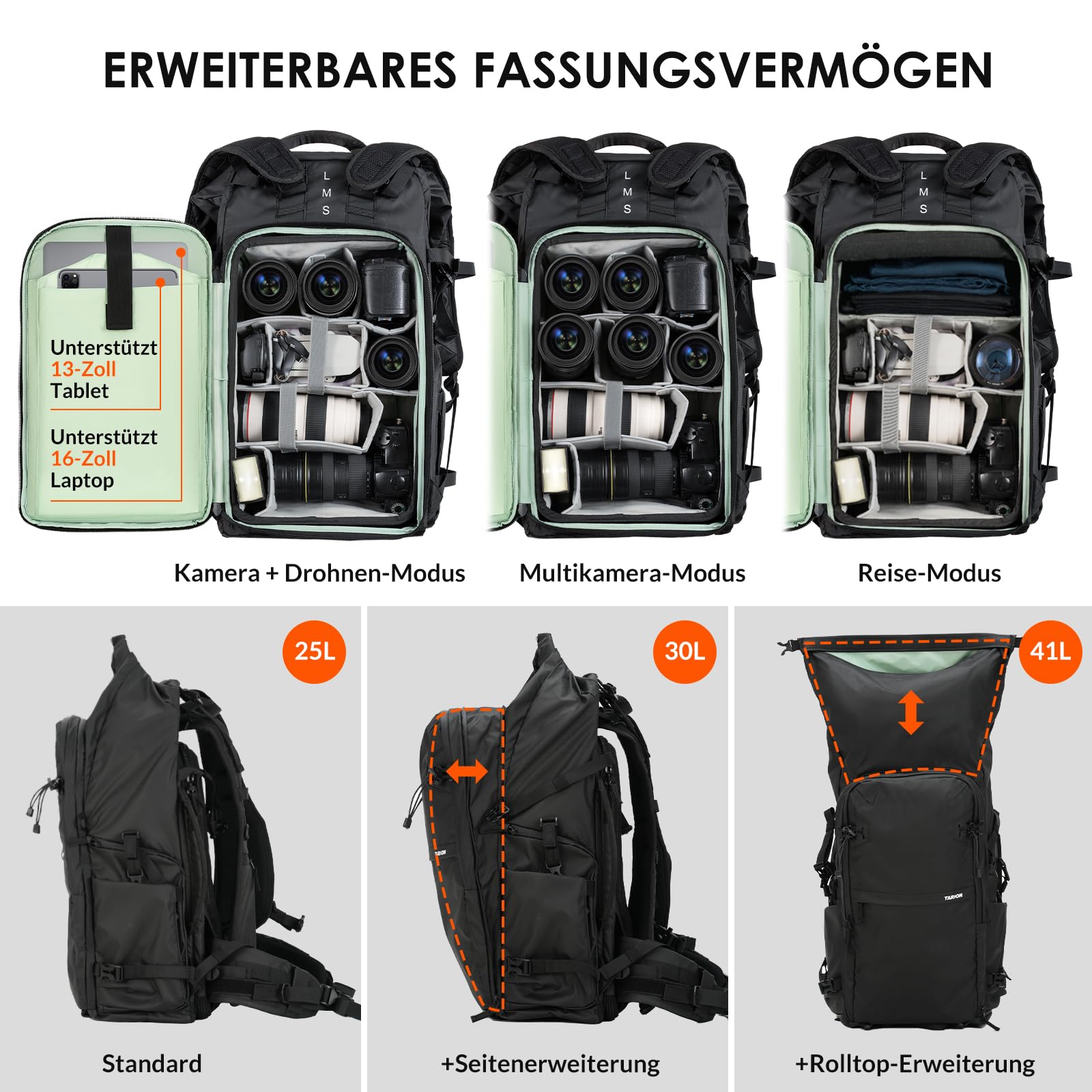 TARION Großer Kamerarucksack für Fotografen, DSLR, wasserdichte Kameratasche