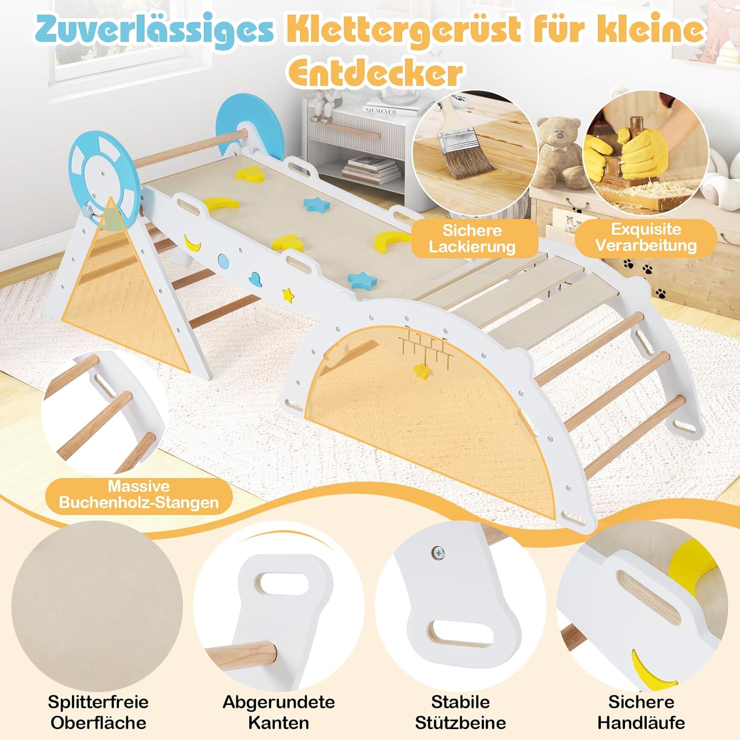 8-in-1 Montessori Climbing Triangle Set with Slide, Wooden Climbing Arch for Toddlers from 1 Years, Climbing Toy, Indoor Climbing Frame for Children's Room (White, Sea Ladder)