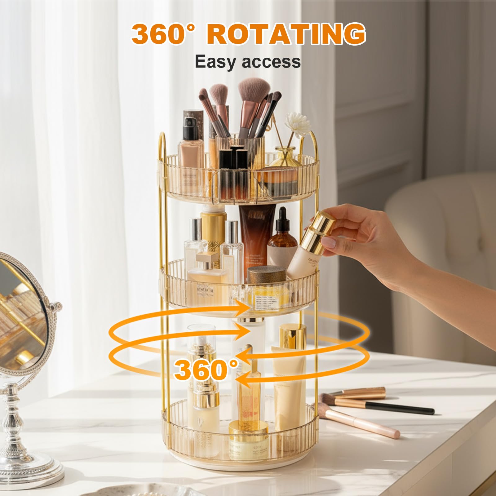Organizador De Maquillaje: Soporte De Perfume Giratorio 360° De 3 Niveles, Organizador De Artículos De Tocador Y Belleza, para Tocador, Baño (Ámbar-A)