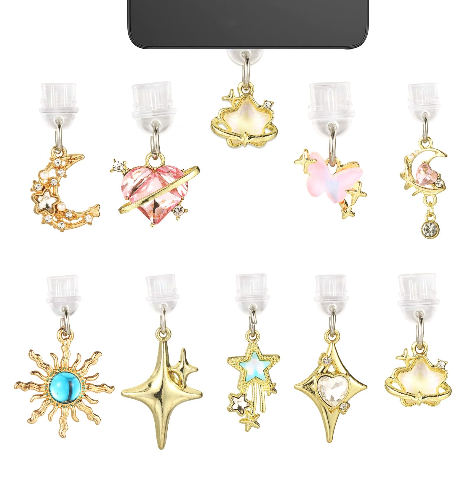 9pcs Dust Plug Charm for Kindle, Gold Star Moon Sun Design Phone Charm Cute Ports Protector Pendants for E-Reader Book Women Teachers Students Accessories
