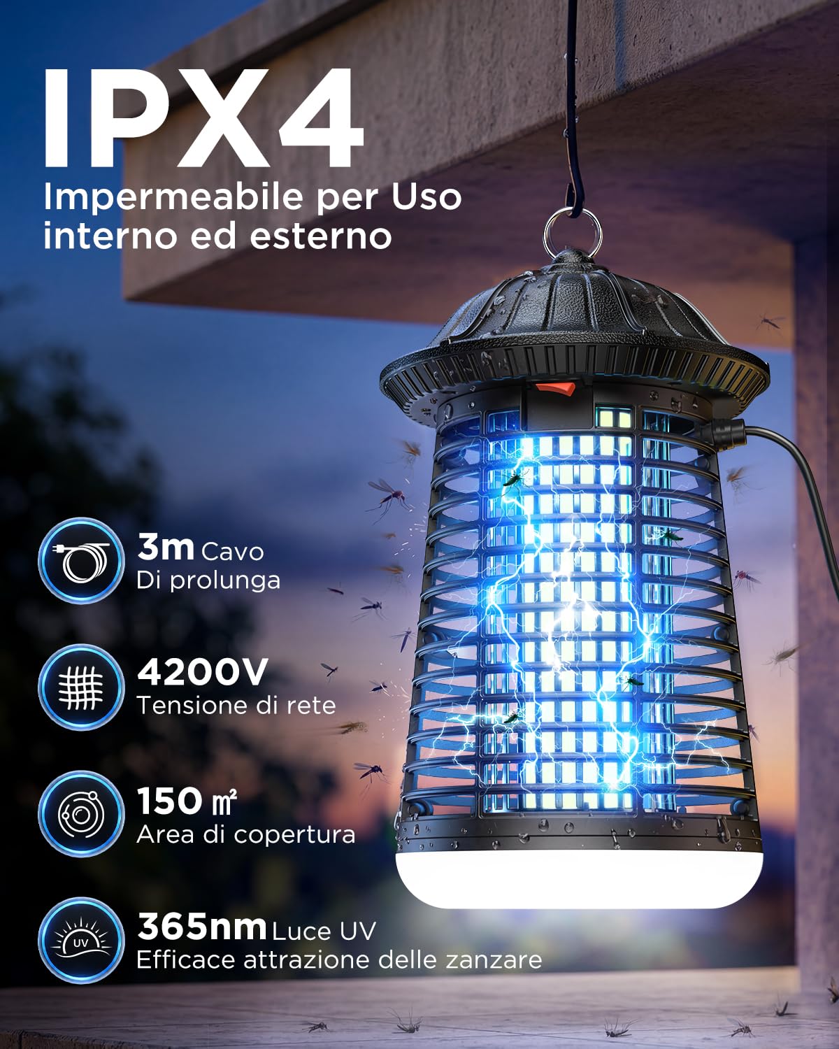 VIWAVE Lampada Antizanzare Elettrica, 4200V 15W UV Zanzariera con Luce LED, Antizanzare da Interno ed Esterno Impermeabile IPX4, Trappola Zanzare, Zanzare Elettrico per Casa Giardino Cucina