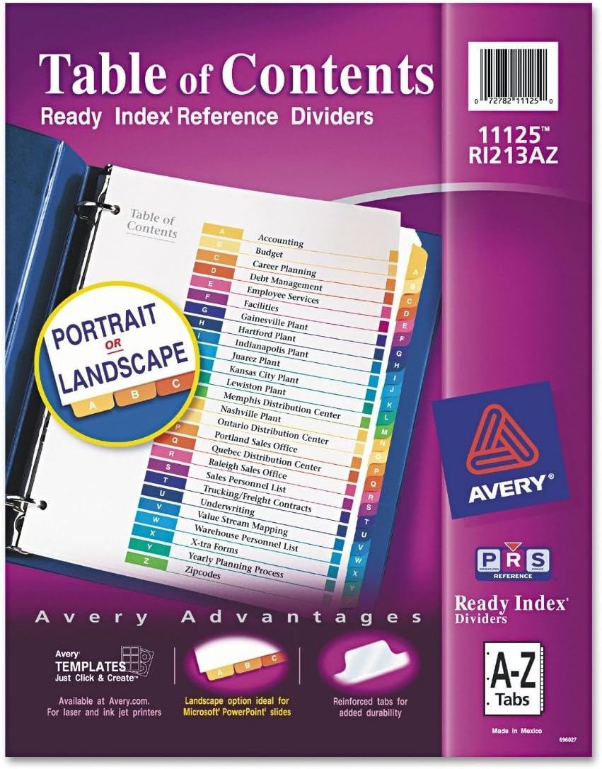 Avery Ready Index Table of Contents Dividers, 26-tab, 1 Set (11125) 5 Sets