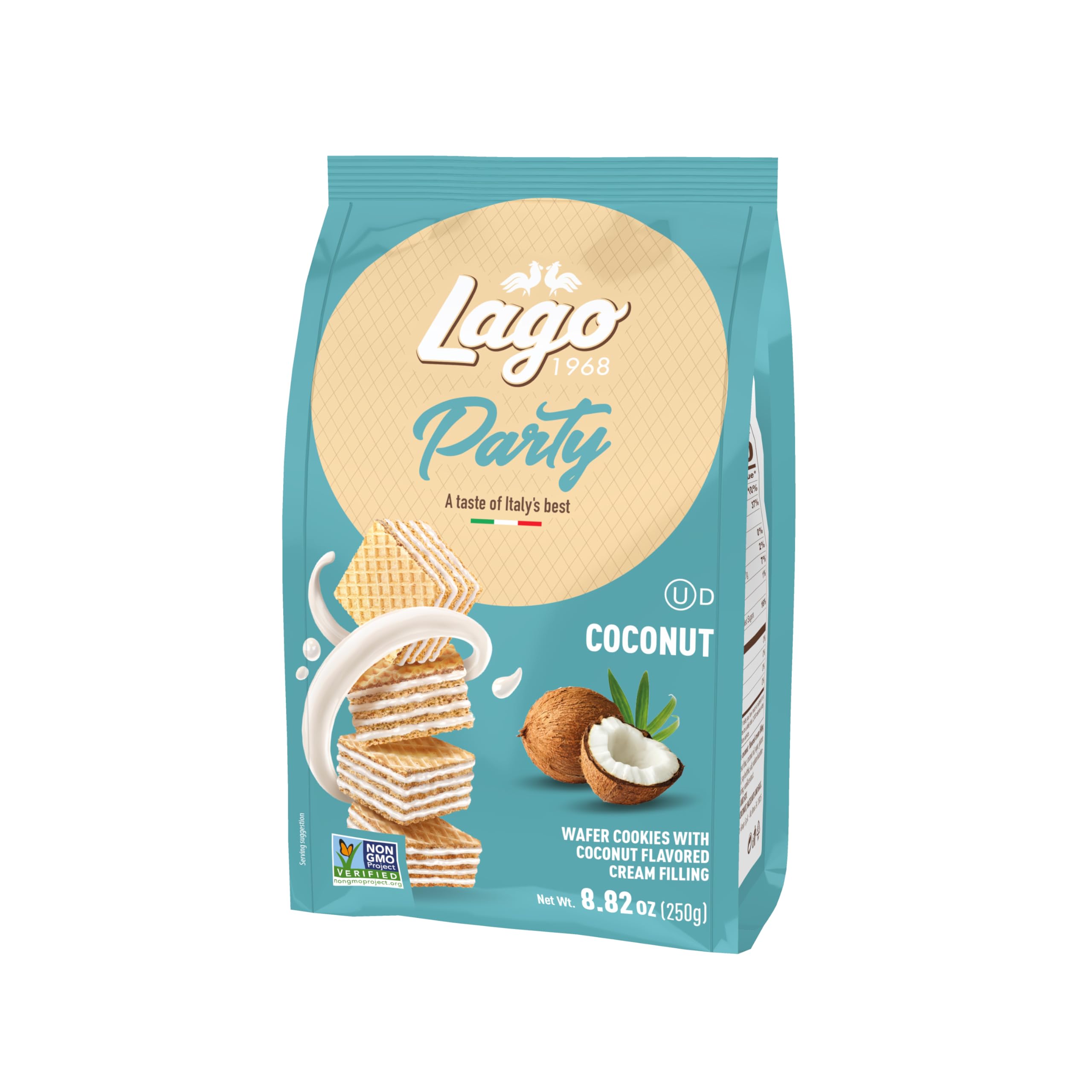 Party Wafers, Coconut, 8.82 oz – Italian Wafer Cookies with Coconut Cream Filling, Non-GMO Verified, Authentic Taste of Italy