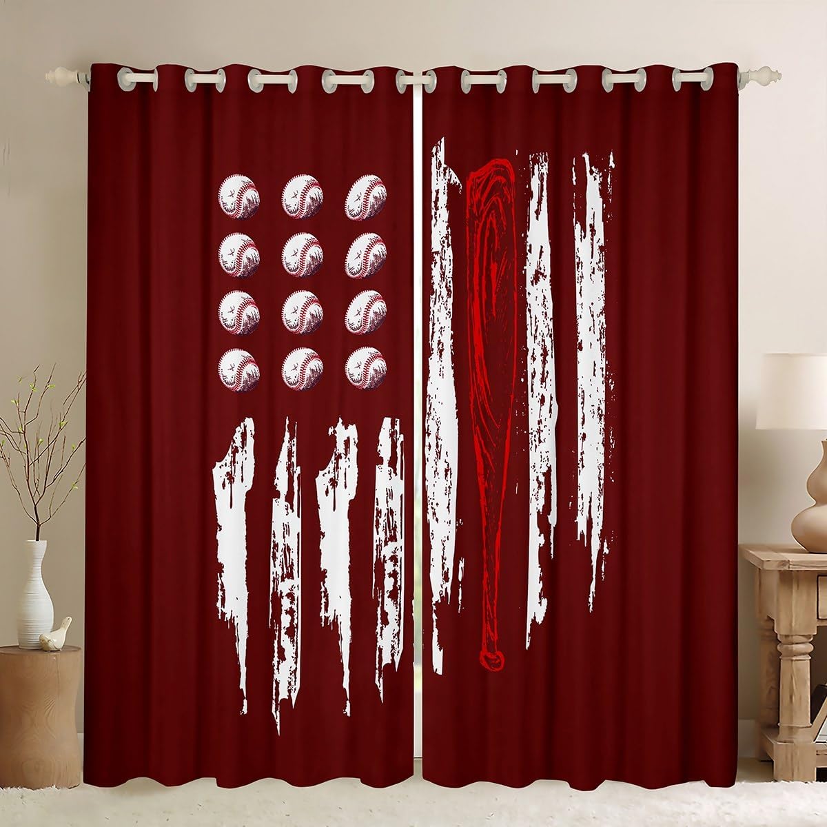 Red Baseball Sports Window Curtains Teens Adult Women,American Flag Curtains for Bedroom,Retro Style Draperies for Living Room,Sports Games Window Treatment Curtains Set of 2 Panels,42Wx84L
