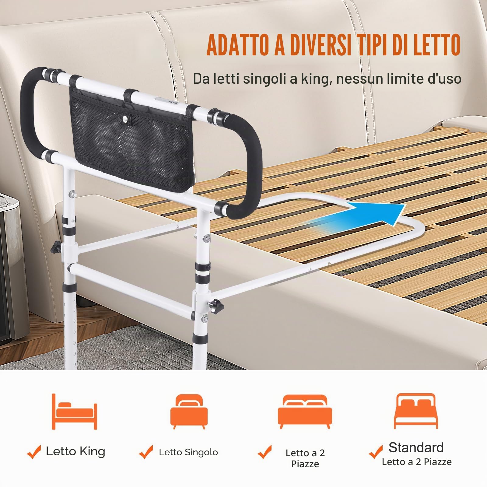 VEVOR Supporto del Letto Pieghevole a 180° Protezione Laterale del Letto di Sicurezza Carico max. 204 kg, Maniglia Regolabile a 4 Livelli con Tasca di Stoccaggio per Letto Matrimoniale King Queen Size