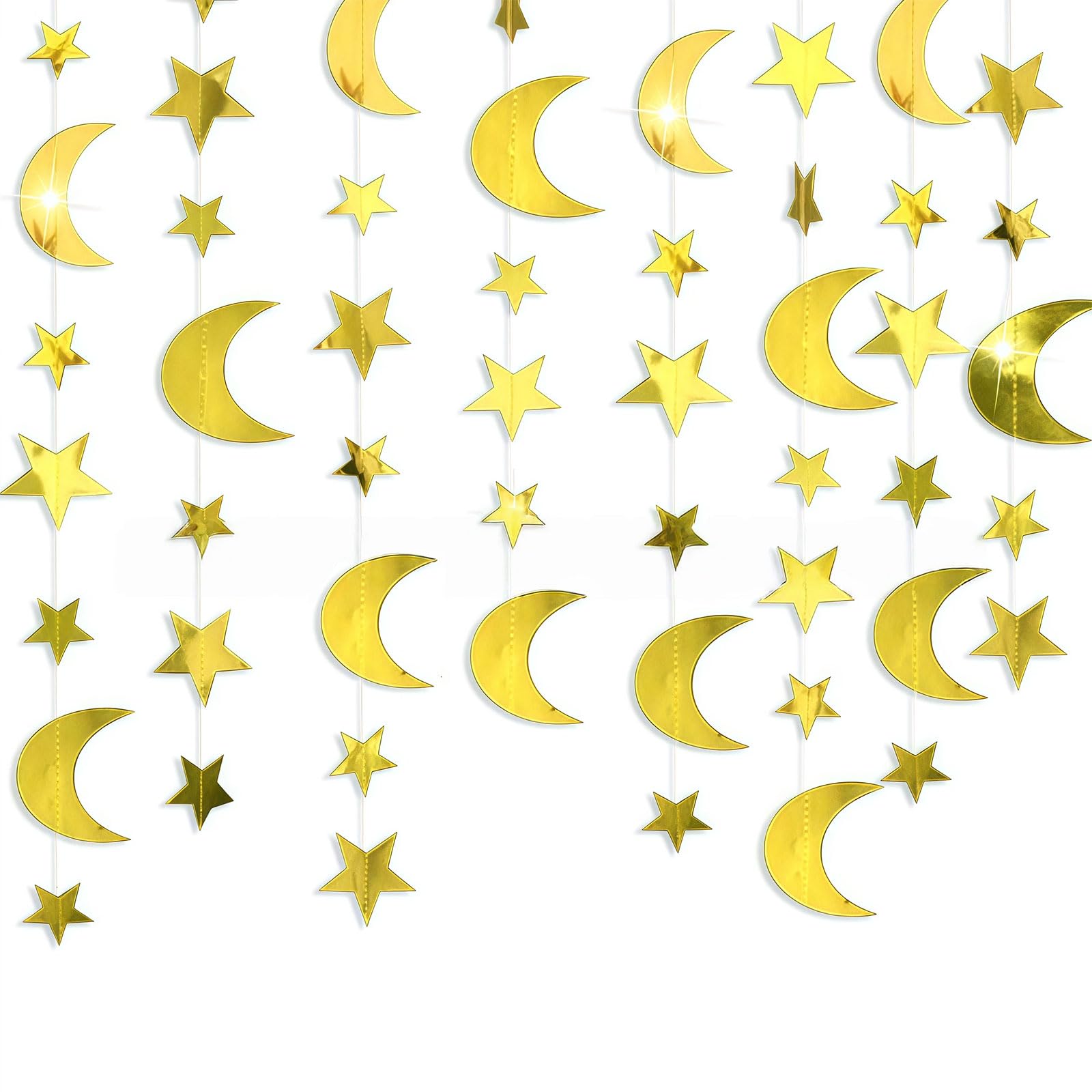 5 Pack Gold Moon Star Garland Glitter Paper Moons Stars Hanging Streamers Banner Wall Decorations Christmas New Year Ramadan Graduation Birthday Baby Shower EID Muburak Part Favors Supplies Decor