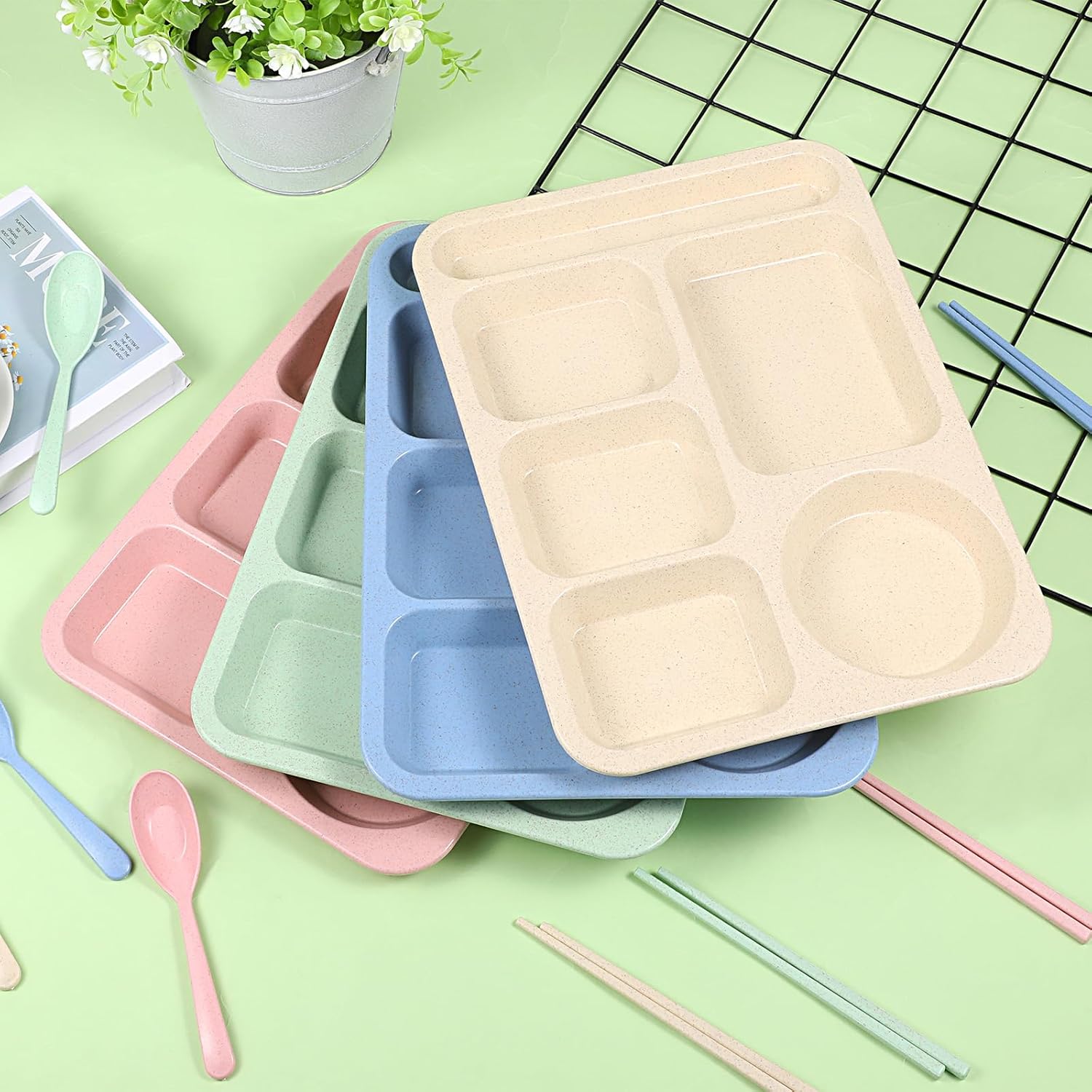 4Pcs Plastic Sectioned Plates Trays Divided Plates for Adults 14 Inch Reusable Wheat Straw Lunch Trays 6 Compartment Unbreakable Portion Control Plate for Dinner Lunch - Image 6