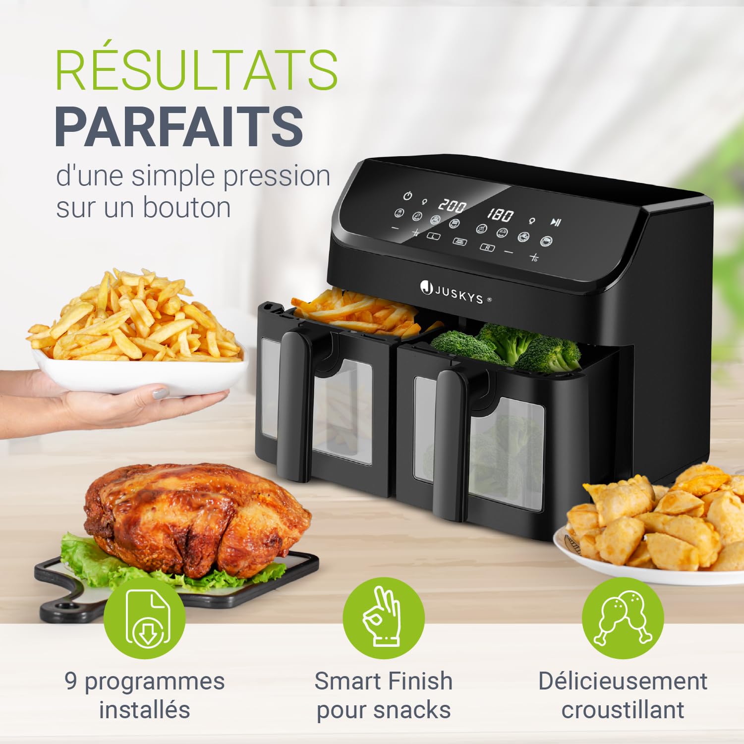 Juskys Friteuse à air chaud 9 l Deux tiroirs - Friteuse XXL à 2 paniers, 9 programmes, Smart Finish, revêtement enduit