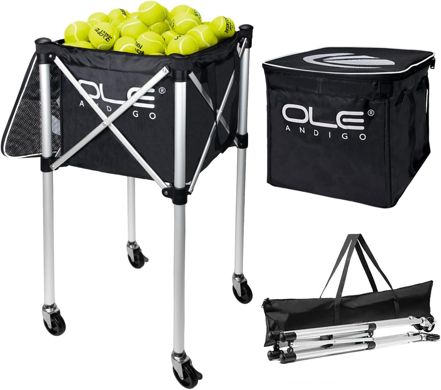 Tennis Ball Hopper,Tennis Hopper Basket with Side Pockets, Portable Tennis Ball Cart,Hold Up to 160 Balls,Lightweight Sports Teaching Cart with Wheels for Training Coach