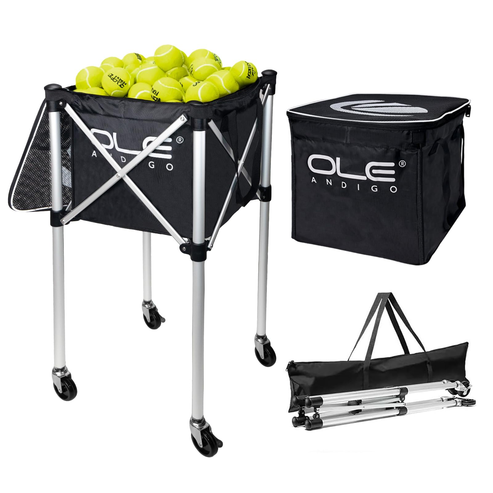 Tennis Ball Hopper,Tennis Hopper Basket with Side Pockets, Portable Tennis Ball Cart,Hold Up to 160 Balls,Lightweight Sports Teaching Cart with Wheels for Training Coach
