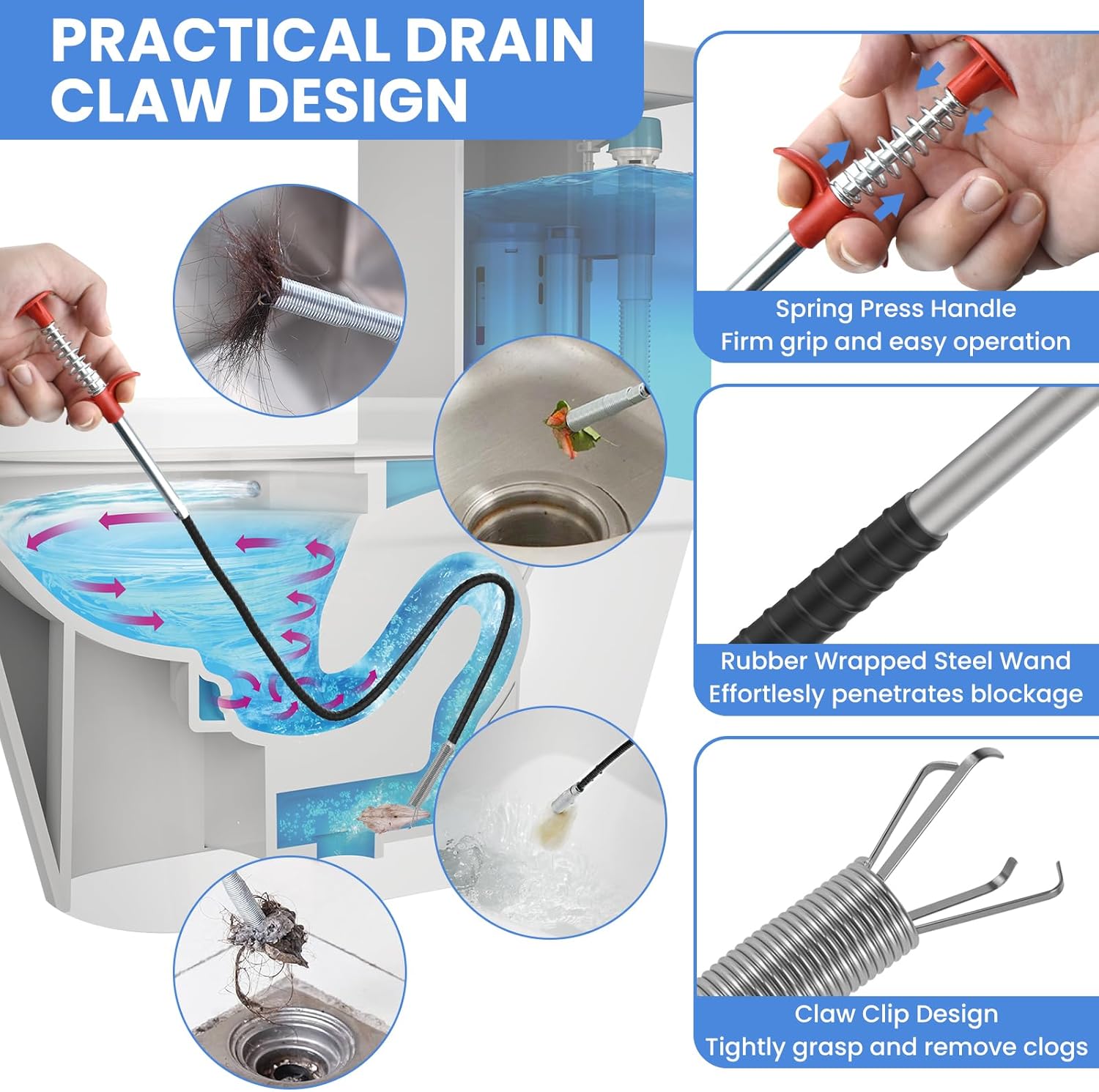 Aifeier ET Drain Clog Removal Tool (2 Pcs), Sink Drain Snakes Hair Removal (8 Pcs), Effectively Removes Hair and Other Clogs from Toilet, Kitchen Sinks, and Bathroom Tub (8+2)