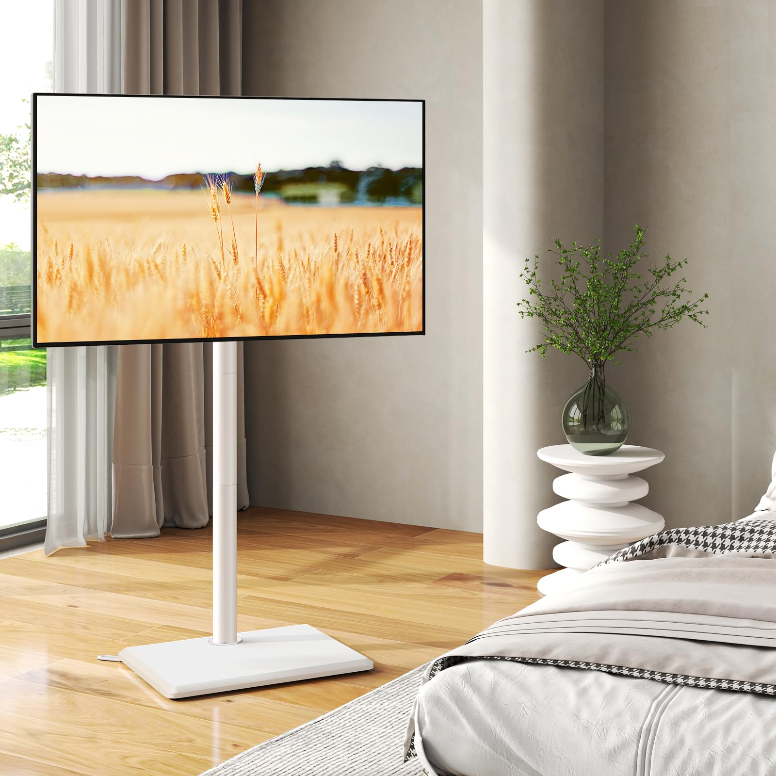 TVON Supporto TV da pavimento con supporto per la maggior parte dei televisori piatti/curvi da 32-60 pollici fino a 39,9 kg, supporto TV regolabile in altezza con base in legno, supporto girevole per