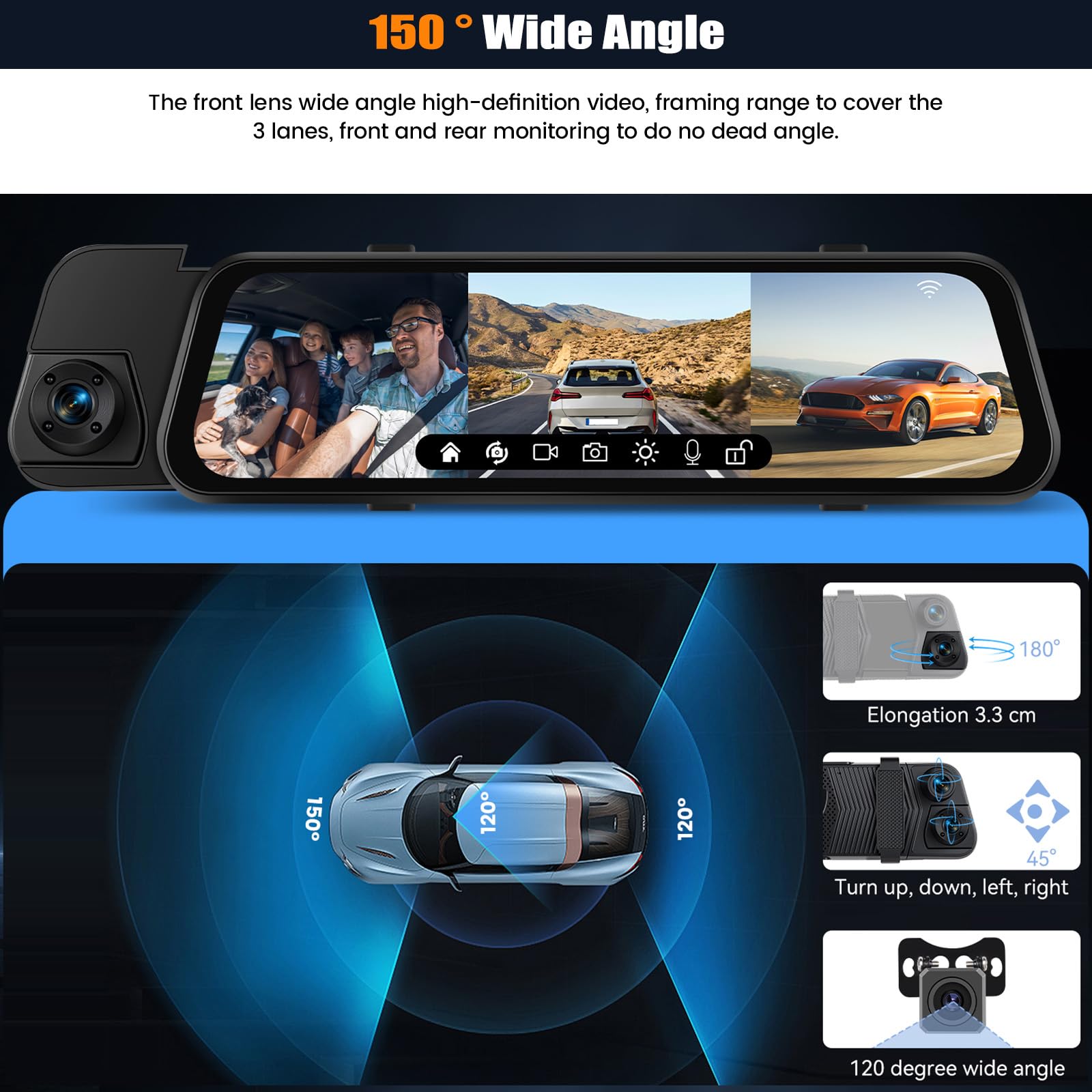 CAMECHO 1080P Rückspiegel 9,66 Zoll Spiegel-Dashcam für Autos mit 3 Kameras 720P, vorne 150° und hinten Dashcam 120° mit Rückfahrlinie, Nachtsicht, G-Sensor, 64 GB Speicherkarte, WLAN-App