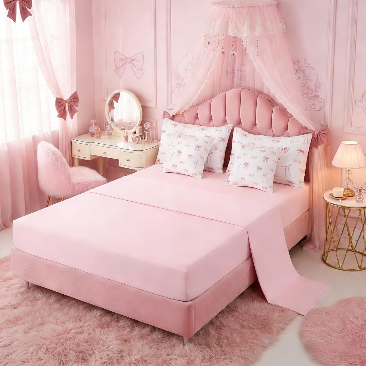Erosebridal Pink Bow Comforter Set 7-Piece Cute Bowknot Full Bedding Set Girls Dreamy Ribbon Bow Bed in A Bag Kawaii Bowknot Bedding Comforter Sets for Kids Women Teens Children Room