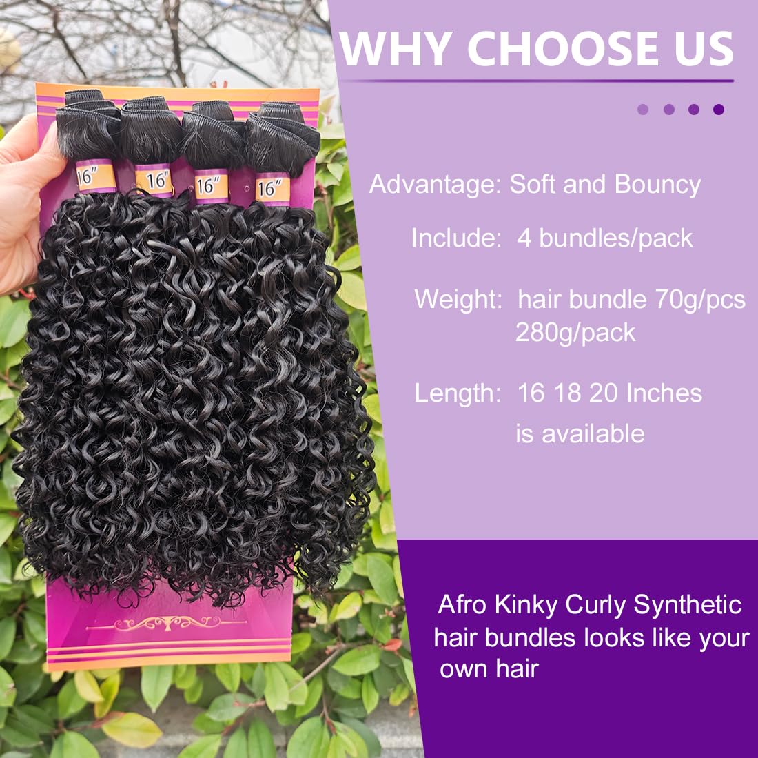 Afro Kinky Curly Bundles Curly Synthetic Hair Quick Weave Bundle High Temperature Fiber Hair Extensions for Women Black Color 16 Inches 4Pieces (Color 1B#)