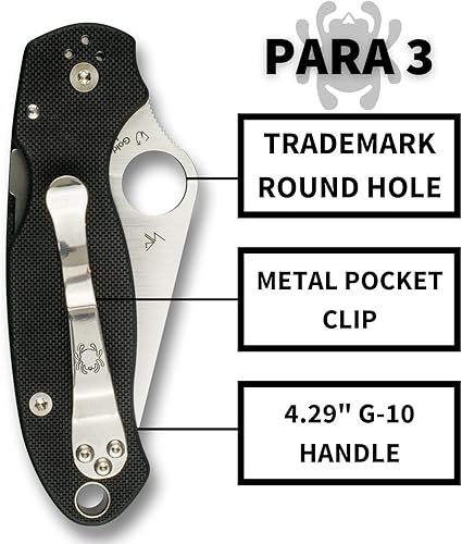 Miniatura 4 de Spyderco Para 3 - Cuchillo plegable con mango G-10 de borde plano, molienda plana, hoja de acero y bloqueo de compresión, Negro