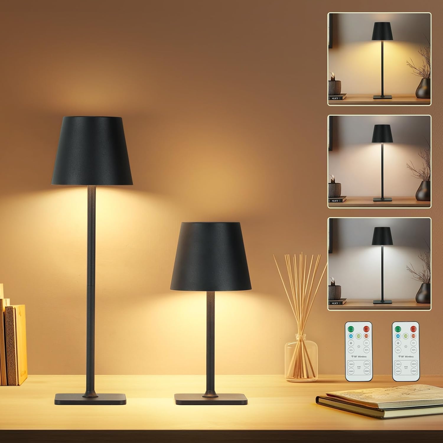 Cordless Table Lamp with Timer 2 Pack, Czgor Rechargeable 5200mAh Battery Operated Lamp with Remote, Adjustable Heights, 3-Color Stepless Dimming, Small LED Table Lamp for Bedroom Dining Office(Black)