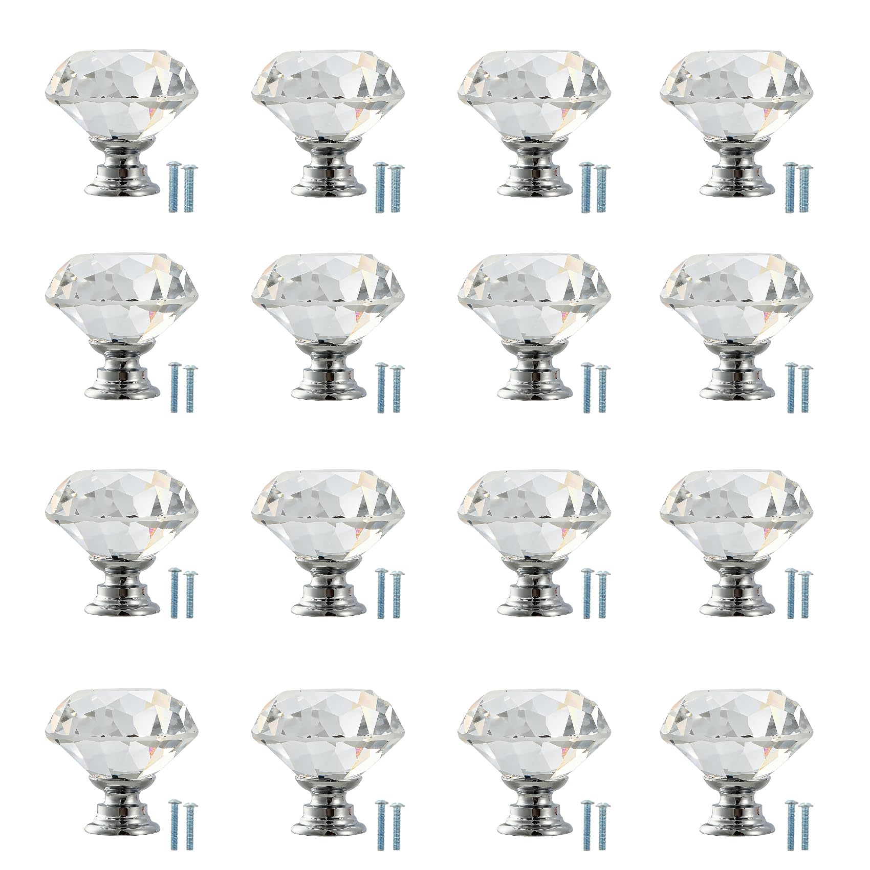 Leislam 16 Pcs 30mm Diamond Crystal Knobs, Cabinet Hardware, Cupboard Pulls, Wardrobe Fittings, for Interior Doors, Kitchen Bedroom Indoor Furniture Decoration