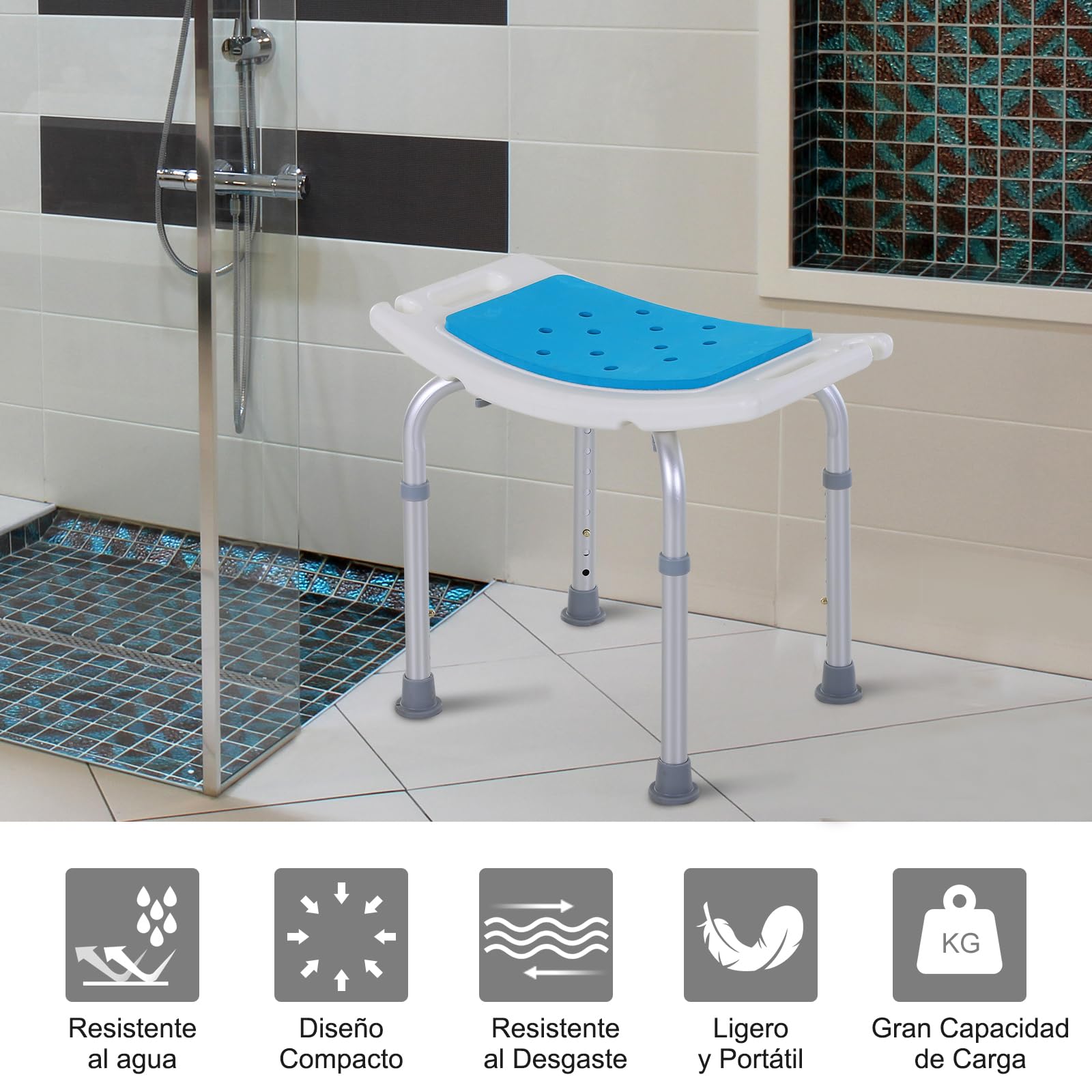 HOMCOM Taburete de Ducha Silla de Baño con Altura Ajustable en 6 Niveles Diseño Antideslizante para Ancianos o Movilidad Reducida 52x30x39-51 cm