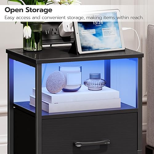 Miniatura 7 de HOOBRO Mesita de noche con estación de carga y luz LED, mesita de noche LED con 2 cajones de tela, mesa auxiliar con salidas y puertos USB, mesitas