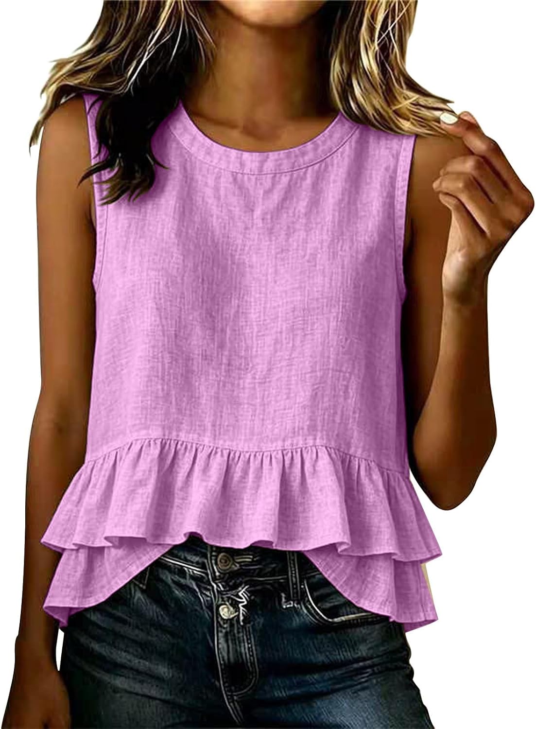 Oplxuo Women's Cotton Linen Sleeveless Tank Top, Crew Neck Blouse with Ruffled Hem, Casual Summer Shirt