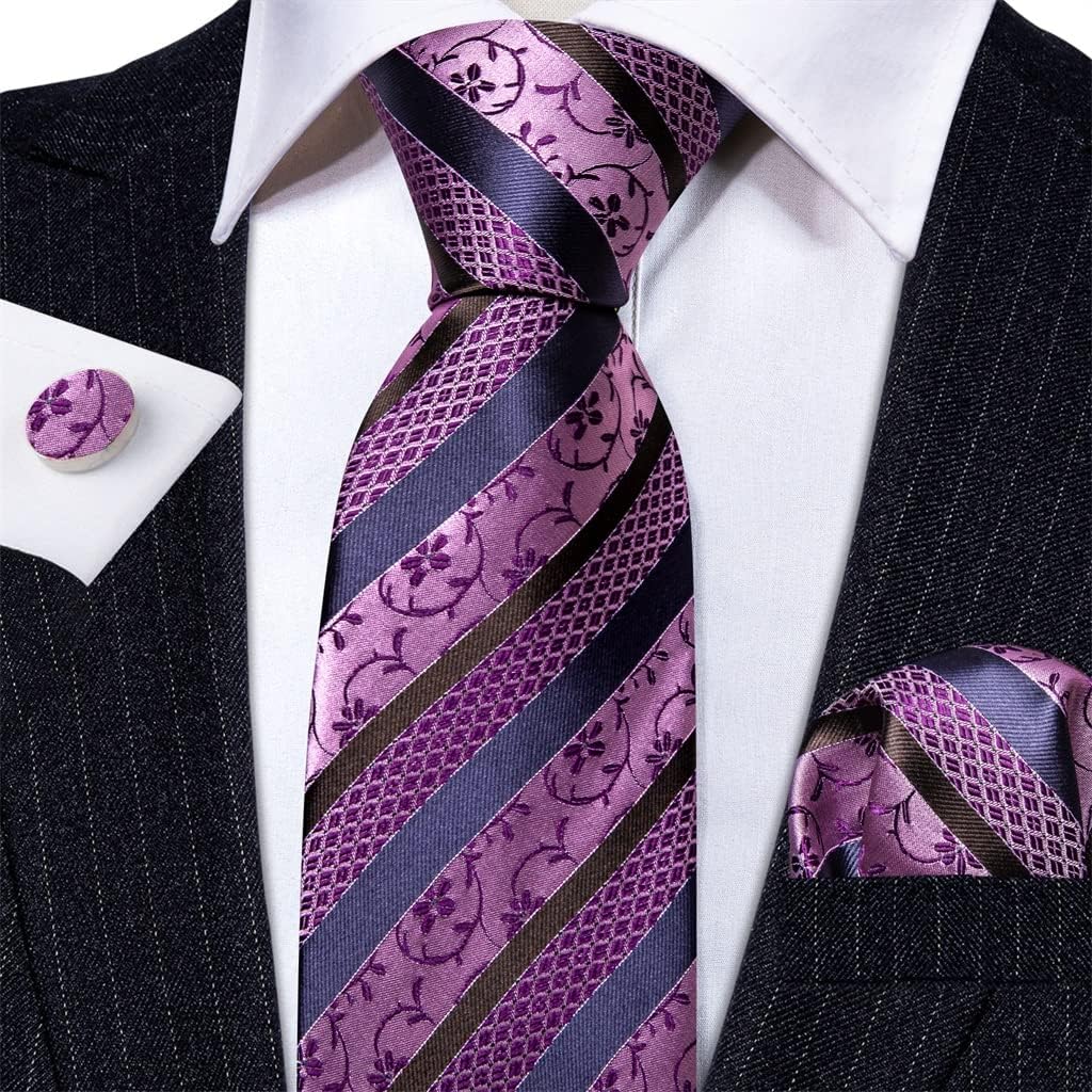 Striped Silk Men's Tie Delicate Floral Woven Tie Cufflinks Pocket Square Set Wedding Party