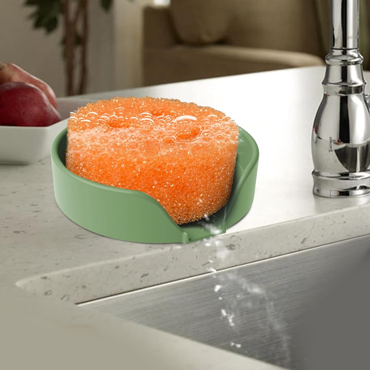 Sponge Holder for Scrub Daddy with Suction Cups and Drain Spout Kitchen Sink Caddy Organizer, Soap Dishes Holder Accessories Rack, Dishwasher Safe - 4.7"x4.7", Green