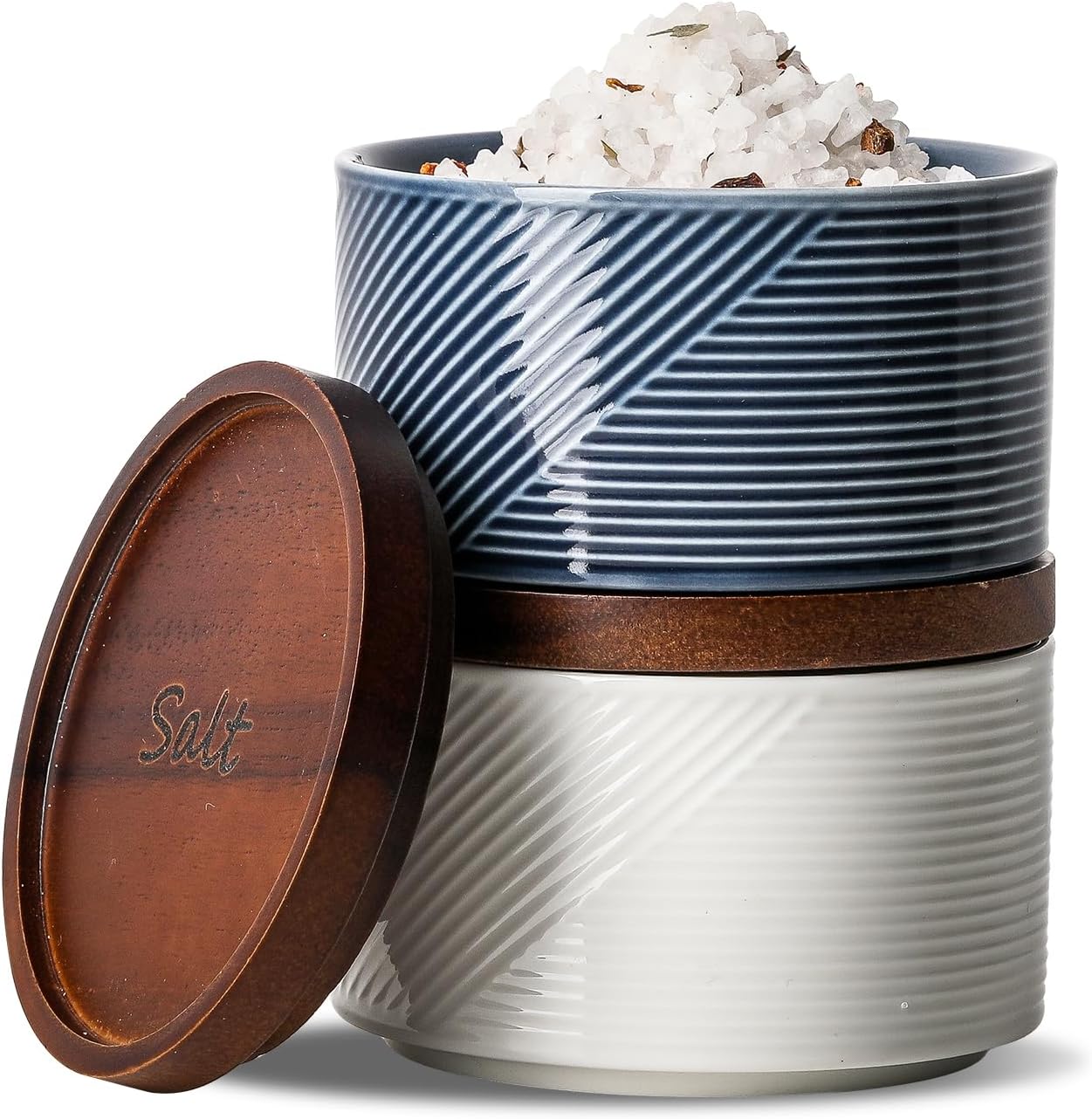 Ceramic Salt and Pepper Bowl Set of 2 - 10 oz Capacity - Country Style - Stackable - Dishwasher Safe - Includes Wooden Lid