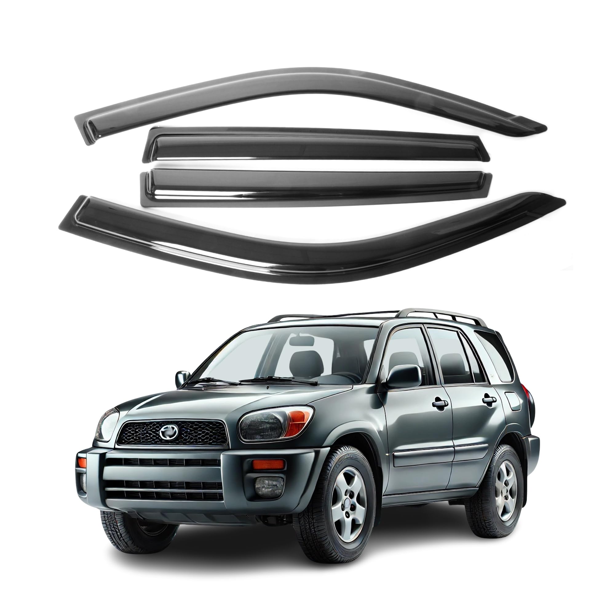 Fit for Toyota RAV4 of 2001 2002 2003 2004 2005; Premier Safe Sun, Rain, Wind Deflector, Front & Rear Window Vent Visors, Vent Protection, Tape-On Outside-Mount,4-Pieces Guard Kit, 2mm-Thick