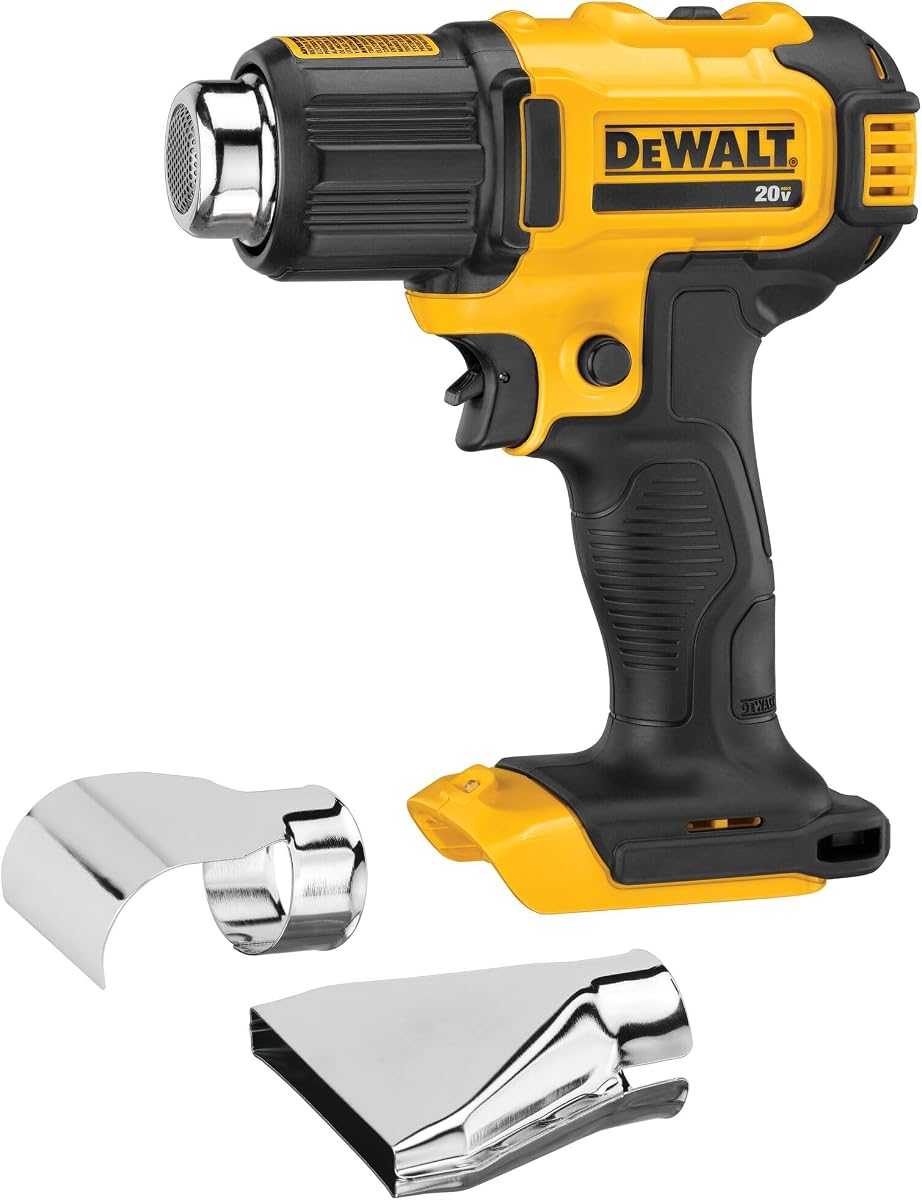 Pistola de calor DEWALT 20V MAX, inalámbrica, hasta 990 grados, 42 minutos de tiempo de funcionamiento, luz LED, pistola de calor con accesorios de boquilla plana y de gancho, solo herramienta (DCE530B)