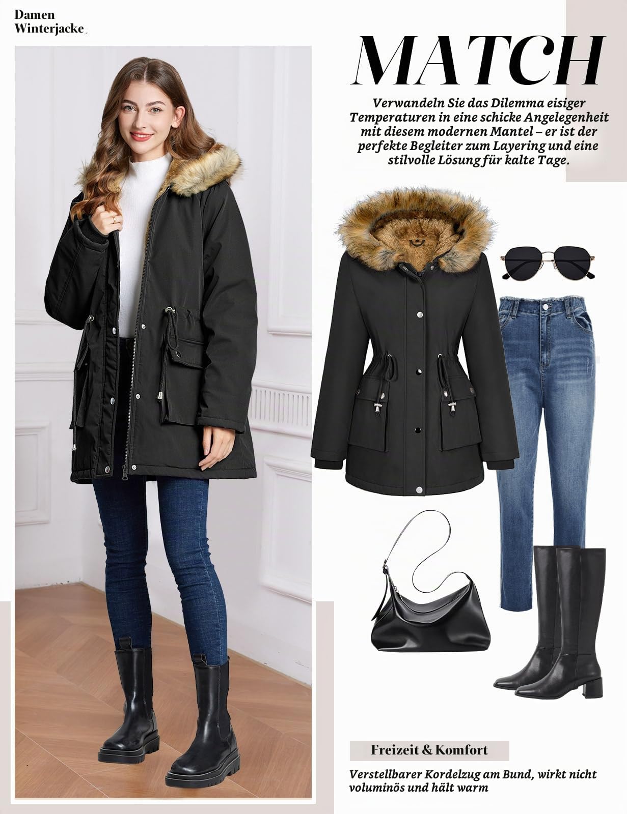 Xnova Damen Wintermantel Parka Fleece Gefüttert Warm Winterjacke | Mittlere lang, Winddicht Wasserabweisendem, mit Kapuze, verstellbarem Kordelzug in der Taille, mit taschen