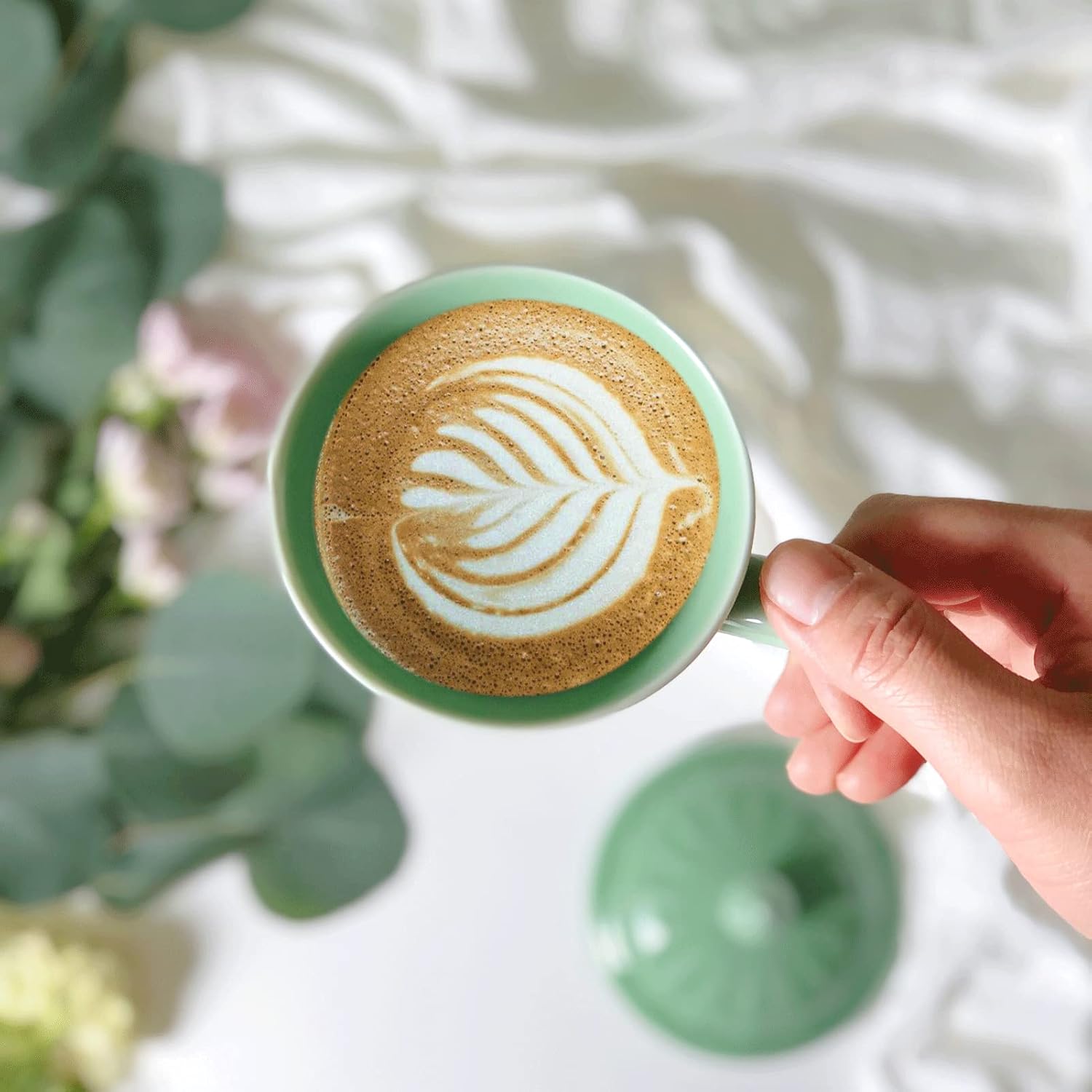 Porcelain Lotus Tea Cup with Lid and Handle, 12 oz Unique Coffee Mug, Microwave Dishwasher Safe, Gifts for Women and Men, Aesthetic Chinese Celadon 1 Pack (Olive Green) - Image 6