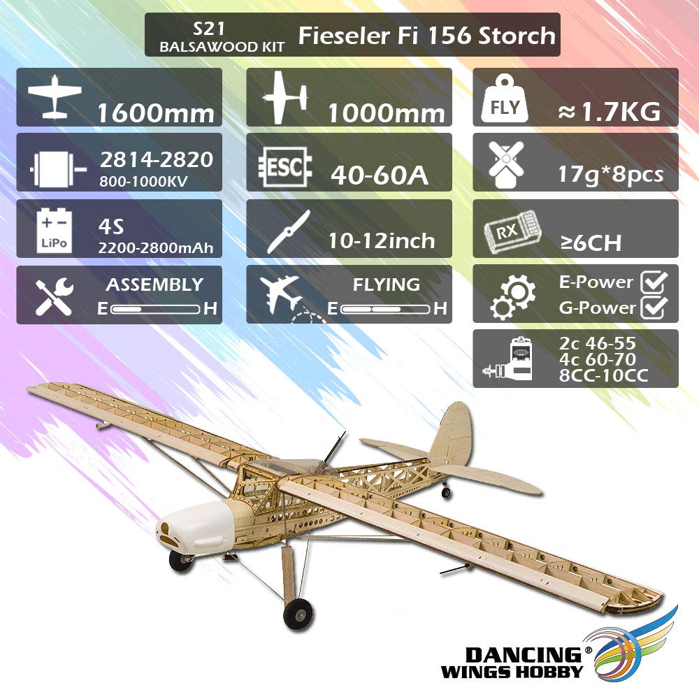 DW Hobby Avión de madera Balsa Fi156 Storch de 1,6 m, modelo eléctrico de madera de 1,6 m, kit de aviones de control remoto para adultos (S2102)