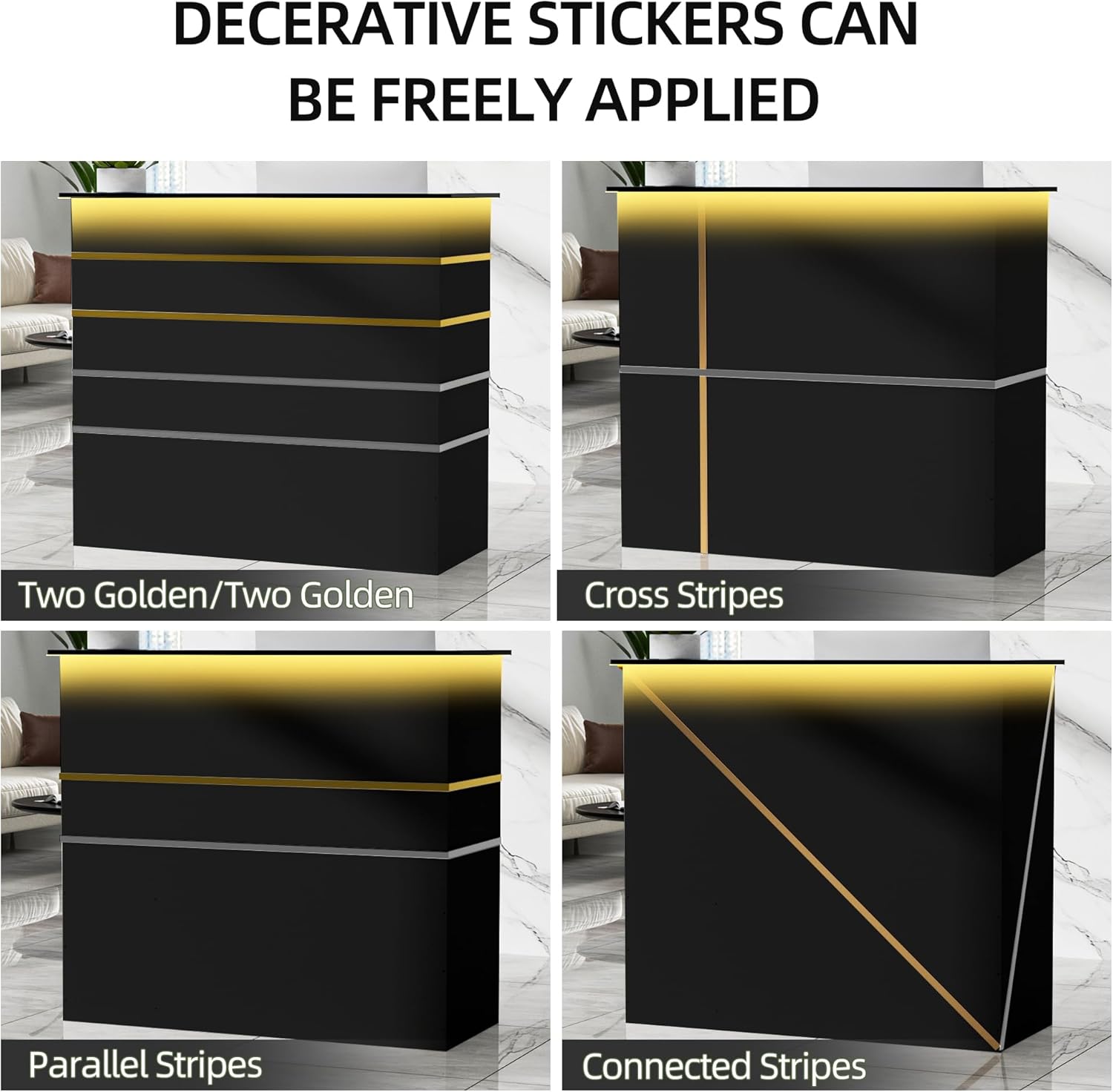 Modern Front Desk & Reception Desk with LED Lighting, 50-inch Retail Counter with Power Socket, DIY Stripe for Checkout, Lobby, Salon, Offices - Black