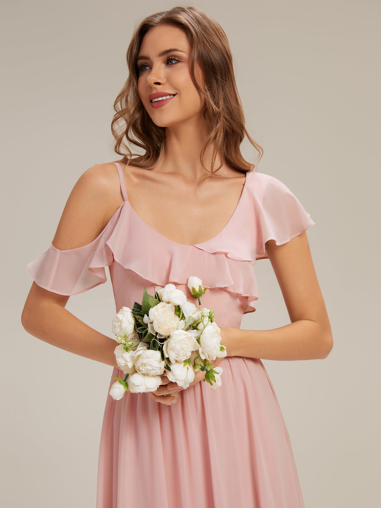 Ever-Pretty Brautjungfernkleider Lang Rüschen Elegant Abendkleide V-Ausschnitt Kurzarm ES02709