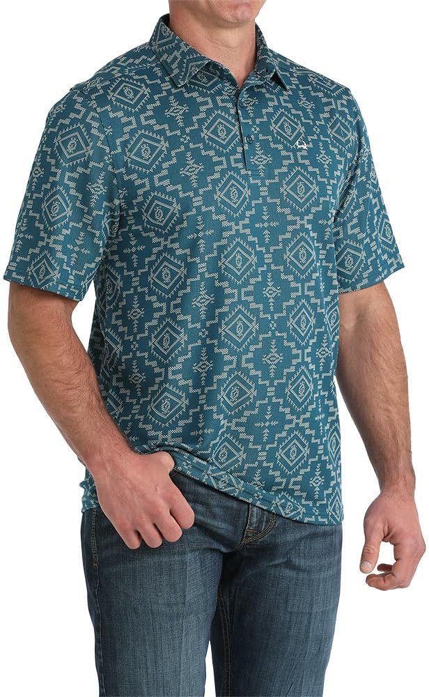 Cinch Men's Blue Print Short Sleeve ArenaFlex Polo