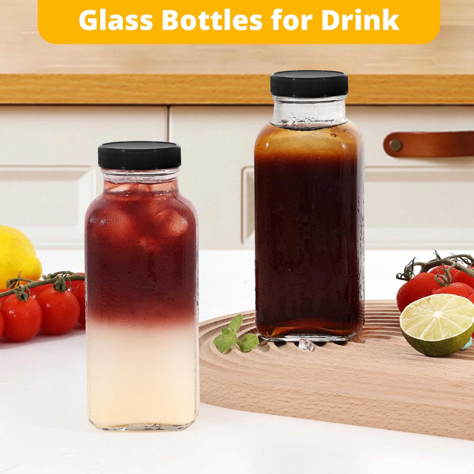 LIMILI Lot de 4 bouteilles en verre transparent avec couvercles, réutilisables, à large goulot, pour lait, boissons chaudes et froides, boissons faites maison (noir, 300 ml)