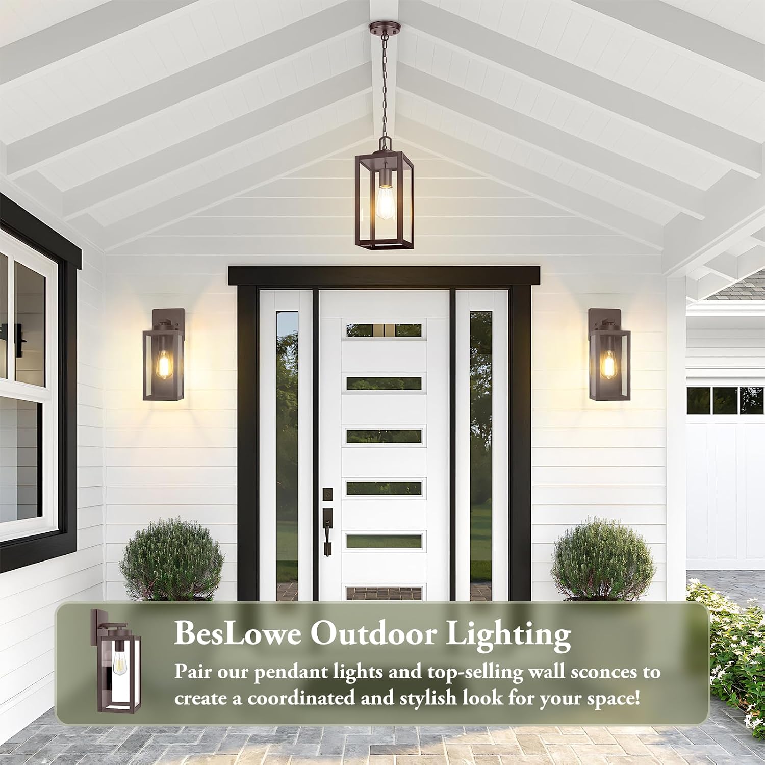 BesLowe 1-Pack Outdoor Pendant Light, 13” Modern Hanging Lantern Light for Outside, Brown Exterior Pendant Lighting Fixture with Adjustable Chain, Outdoor Chandelier for Porch, Gazebo, Front Door