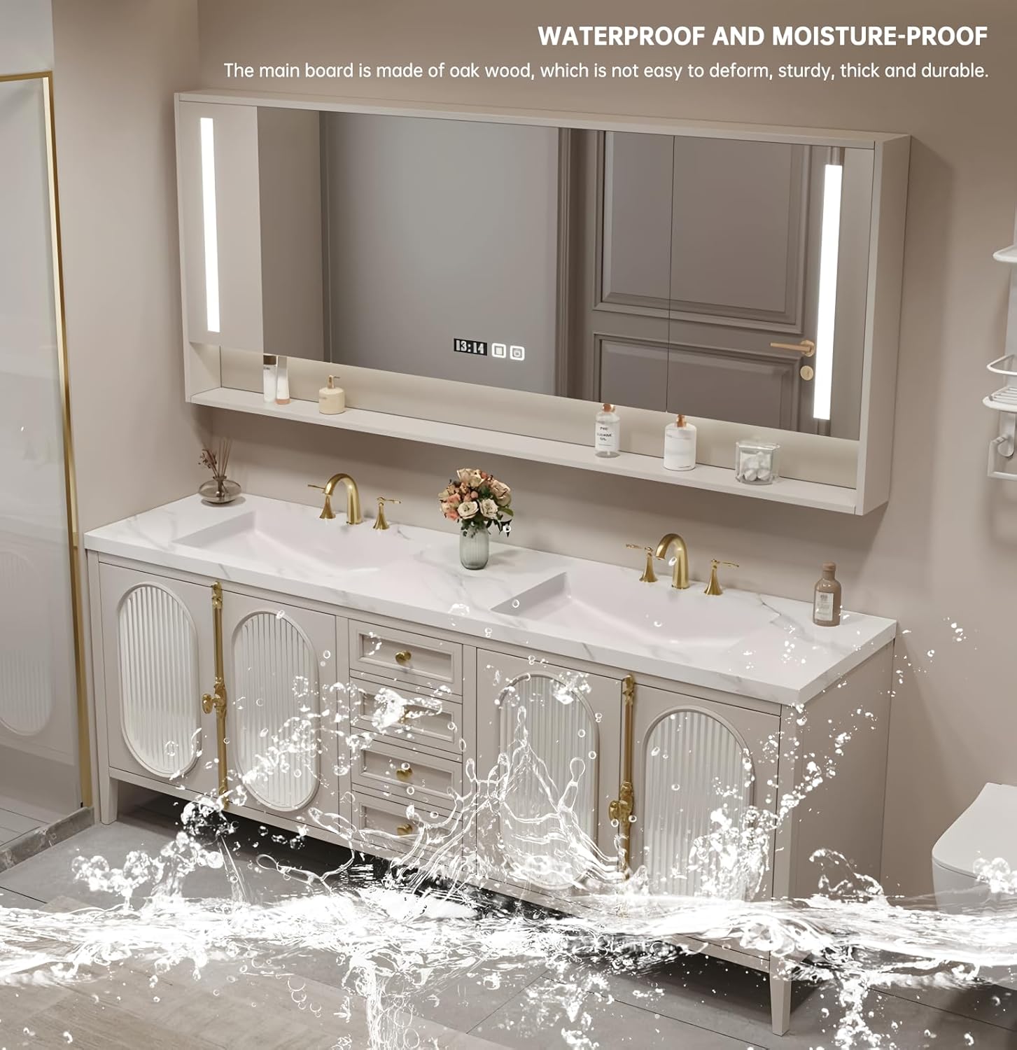 A close-up of the vanity cabinet with water splashing, illustrating its waterproof and moisture-proof properties.
