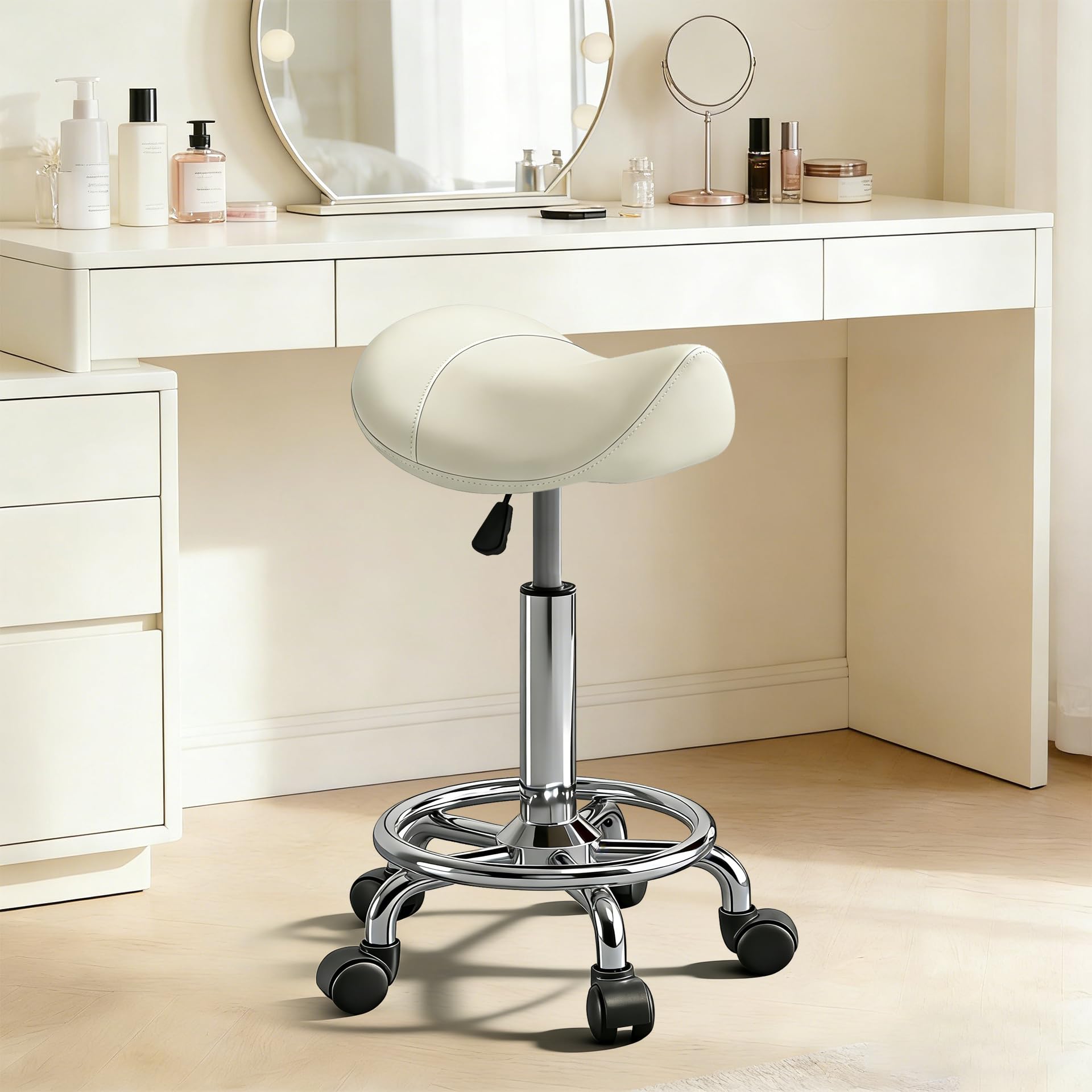 Saddle Stool with Ring Pedal, Adjustable Hydraulic Rolling Chair with Wheels for Medical, Massage, Salon, Spa, Kitchen, and Drafting Use