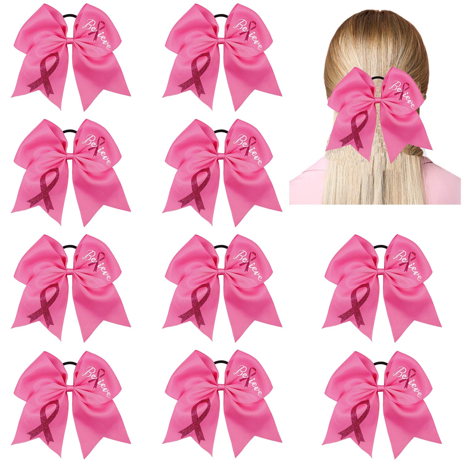 10pcs Breast Cancer Awareness Cheer Bows,7 Inches Pink Cheer Bows For Girls Women In October Cheerleading Hair Elastic Bands Glitter-Pink 1 Count (Pack of 10)